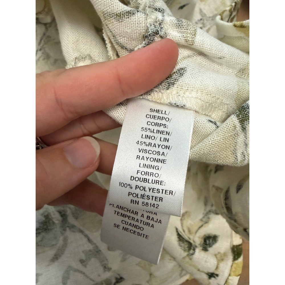 London Times Floral Linen Blend Puff Sleeve Smocked Back Mini Dress Ivory Green - Picture 5 of 8